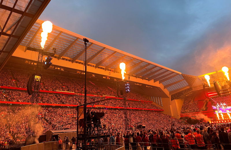 pyrotechnics at anfield during taylor swift eras tour gig in 2024